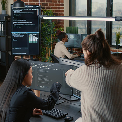 Cabotto product team collaborating on coding and development, reviewing software interface and discussing technical solutions