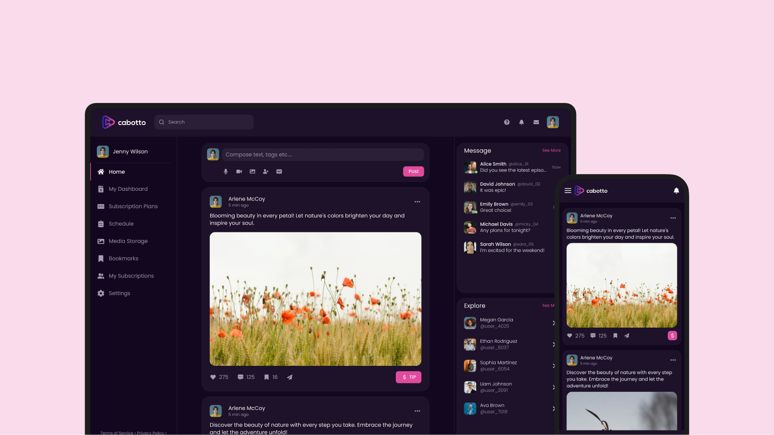 Cabotto social creator platform interface on desktop and mobile, showing posts, engagement features, messaging, and subscription menus