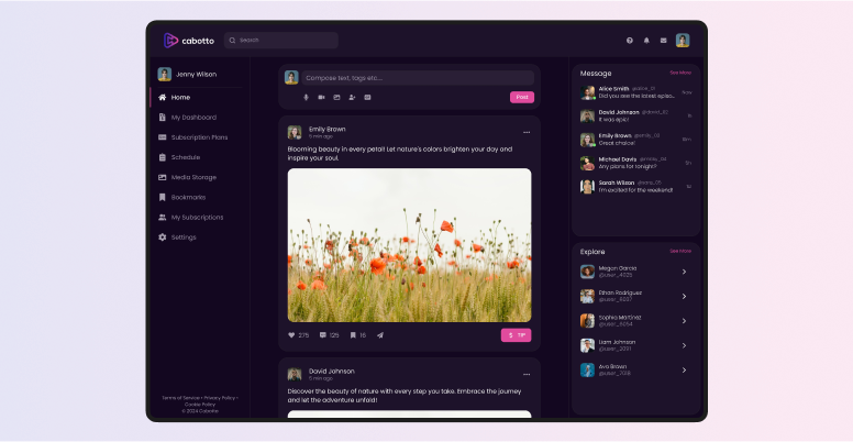 Cabotto digital product experience showcasing final dark mode interface with posts, messaging sidebar, and community engagement features