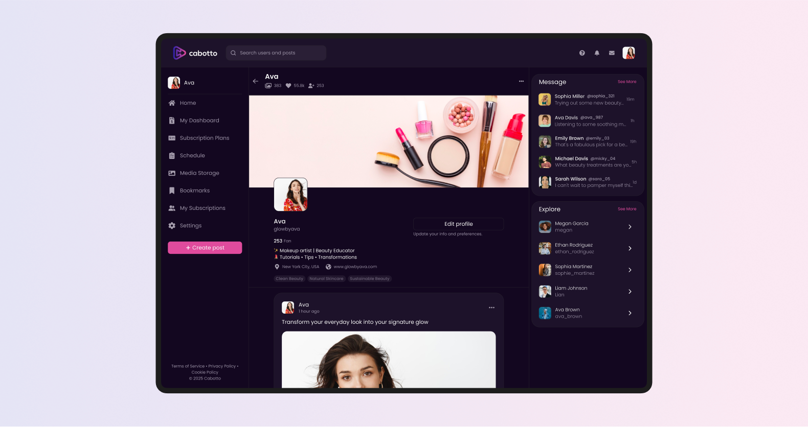 Cabotto creator earnings dashboard displaying subscribers, payouts, referrals, engagement metrics, and revenue growth chart for creators