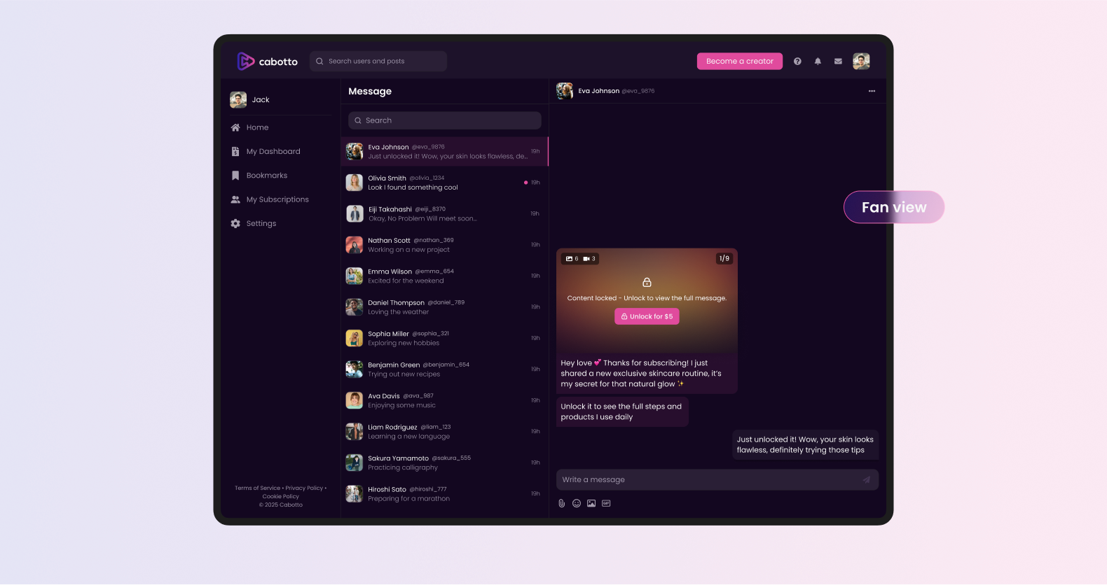 Cabotto creator profile page showing user details, followers, posts, and messaging sidebar for community engagement and networking