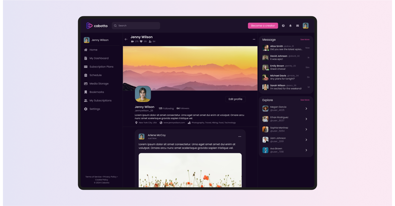 Cabotto creator profile page showing user details, followers, posts, and messaging sidebar for community engagement and networking