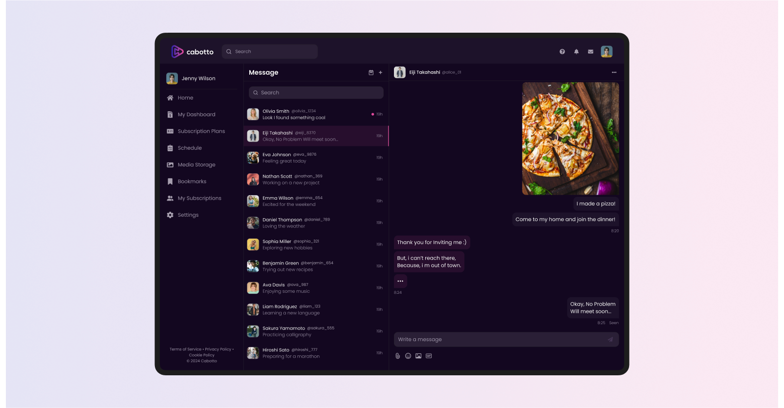 Cabotto messaging interface showing chat conversations, media sharing, and real-time private messages between creators and fans