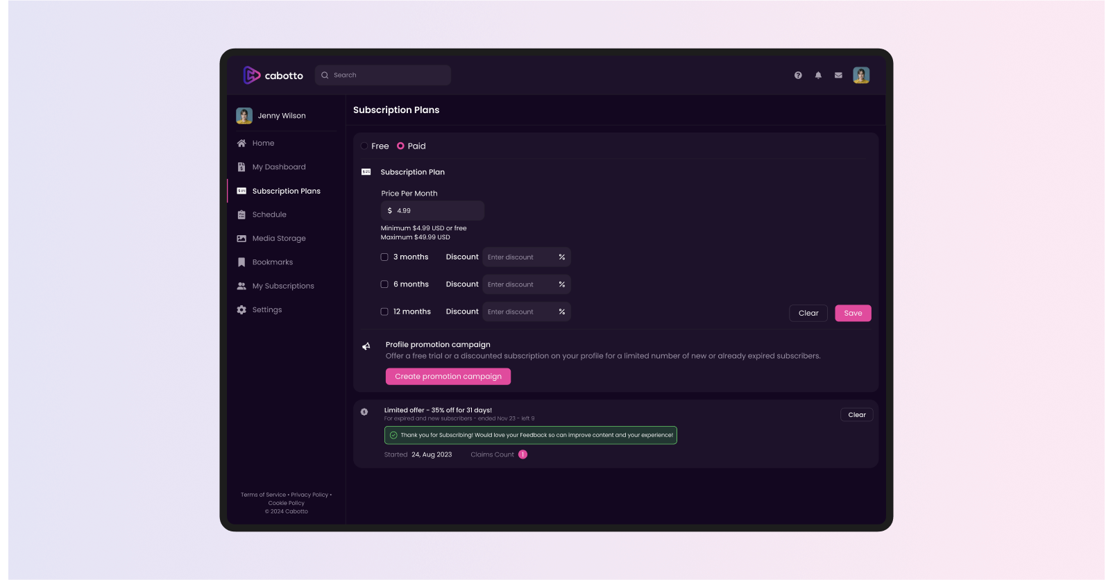 Cabotto subscription plans dashboard where creators set monthly pricing, offer discounts, and run promotional campaigns for fans