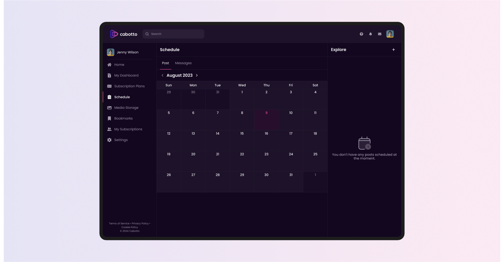 Cabotto scheduling dashboard with calendar view for creators to plan and manage posts and messages in advance