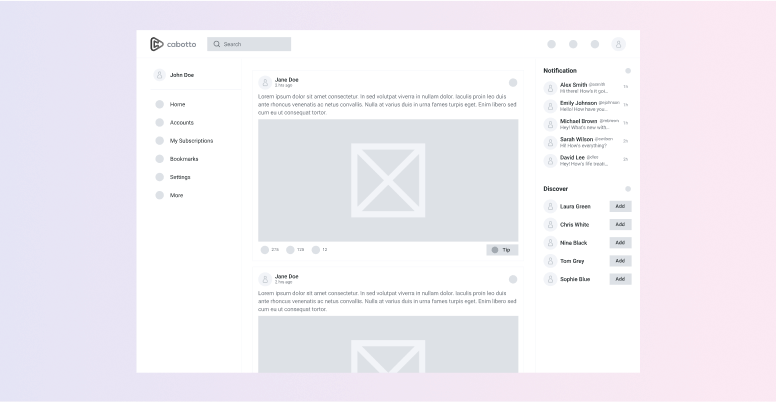 Cabotto digital product experience wireframe showing early interface layout with placeholders for posts, notifications, and navigation