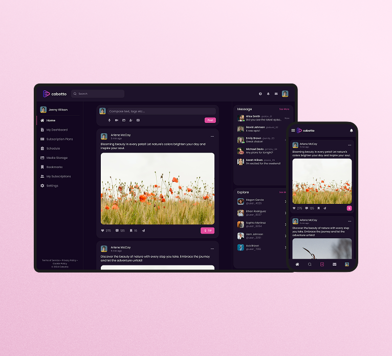 Cabotto social creator platform UI displayed on desktop and mobile, featuring community posts, messaging, and media sharing project thumb