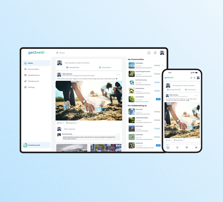 Get2net0 social and environmental platform UI on desktop and mobile, highlighting community updates, collaboration, and sustainability actions project thumb